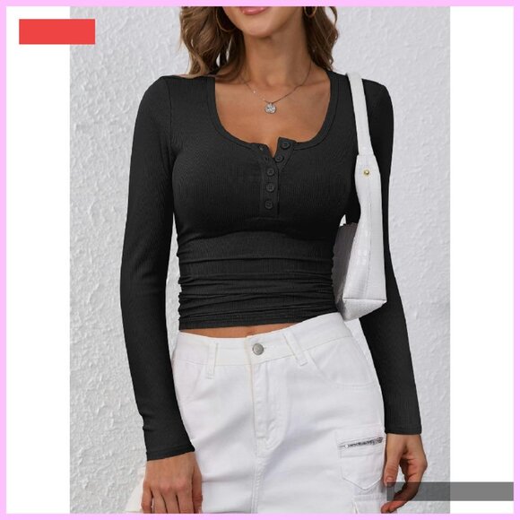 Ribbed Knit Long Sleeve Henley Top Slim Fitted Tee Layering Basic - Picture 4 of 4